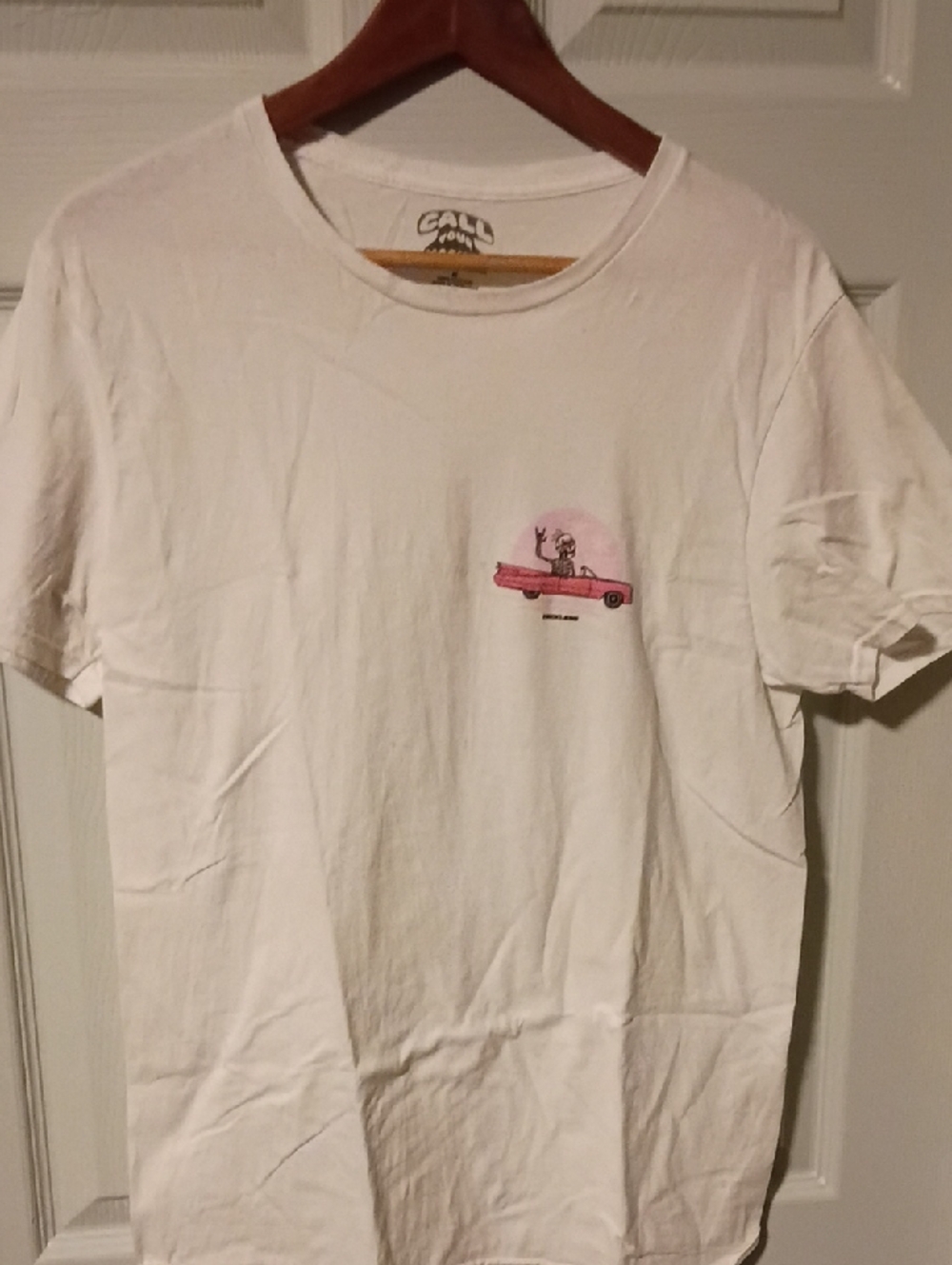 White Crewneck T-Shirt with Pink Car Graphic